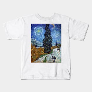 Vincent Van Gogh Cypress Tree with Moon and Star Kids T-Shirt